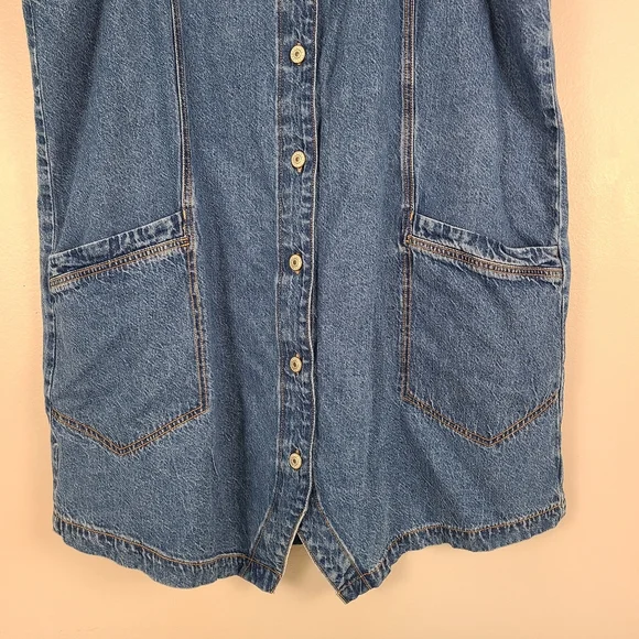 American Eagle Classic Cotton Minimal Blue Denim Tank Button-front Dress Pockets - Picture 2 of 7